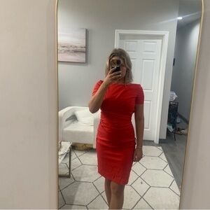 Talbot Runhof Dress Side Gathered Knee Length Cap Sleeve in Red